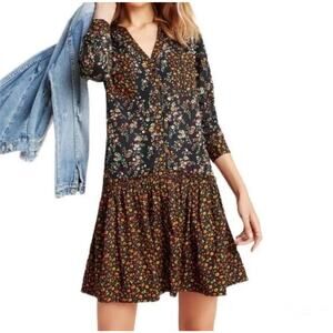 Maeve Anthropologie Floral Tiered Dress Black Long Sleeve Button Front